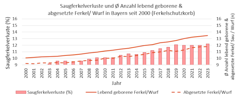 Grafik 5.1: Saugferkelverluste (%) und durchschnittliche Anzahl lebend geborene & abgesetzte Ferkel/ Sau/ Wurf in Bayern seit 2000(LKV Bayern)